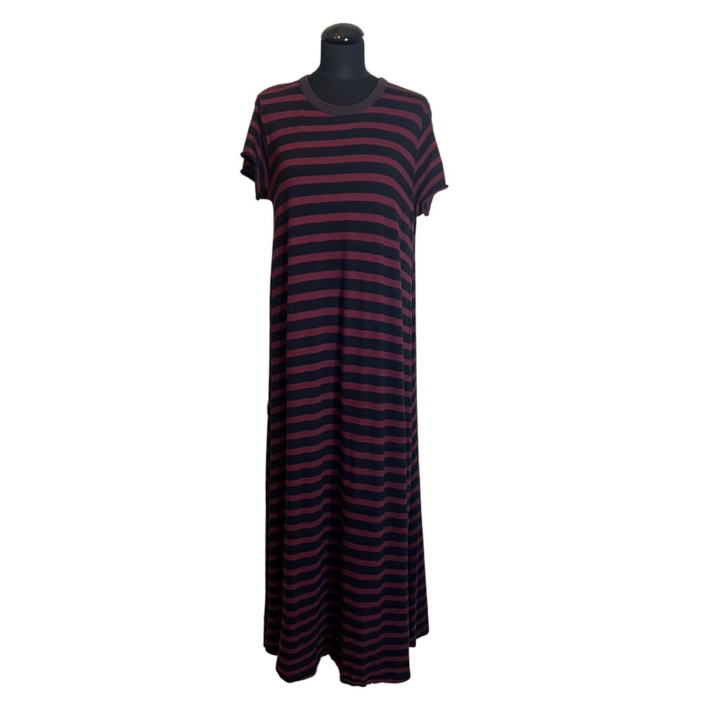 THE GREAT. Striped Cotton Maxi T-Shirt Dress in Burgundy Black, Size 3 (Large)